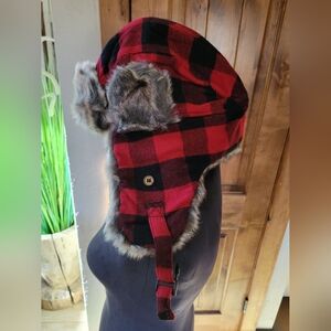 New Lumberjack Red Black Faux Fur Flap Hat Cap